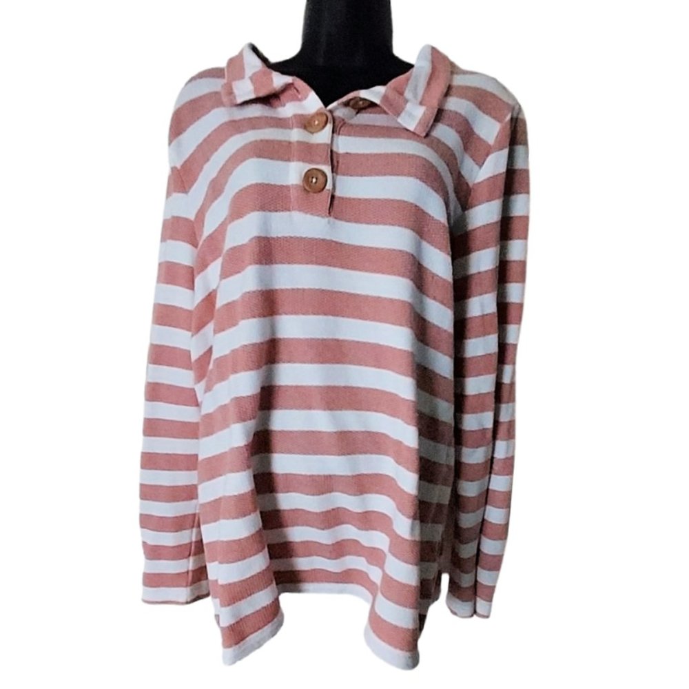 Denim & Co. Sweater Henley Long-Sleeve Top Roll Tab Antique Rose Pink M Medium